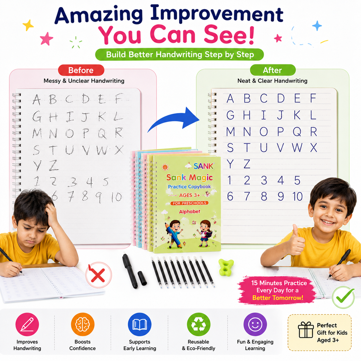 Sank Magic Practice Copybook (4 Books,1 Pen,1 Grip,10 Refill)