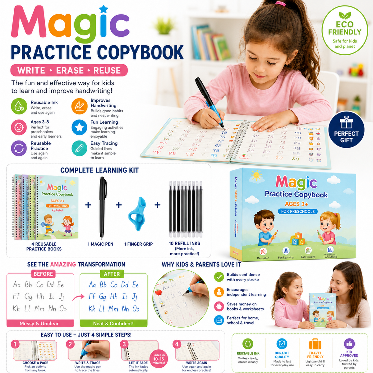 Sank Magic Practice Copybook (4 Books,1 Pen,1 Grip,10 Refill)