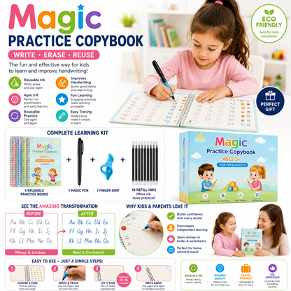 Sank Magic Practice Copybook (4 Books,1 Pen,1 Grip,10 Refill)